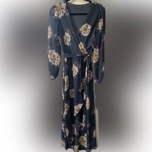 Lily Rose high-low faux wrap dress with sheer sleeves.
